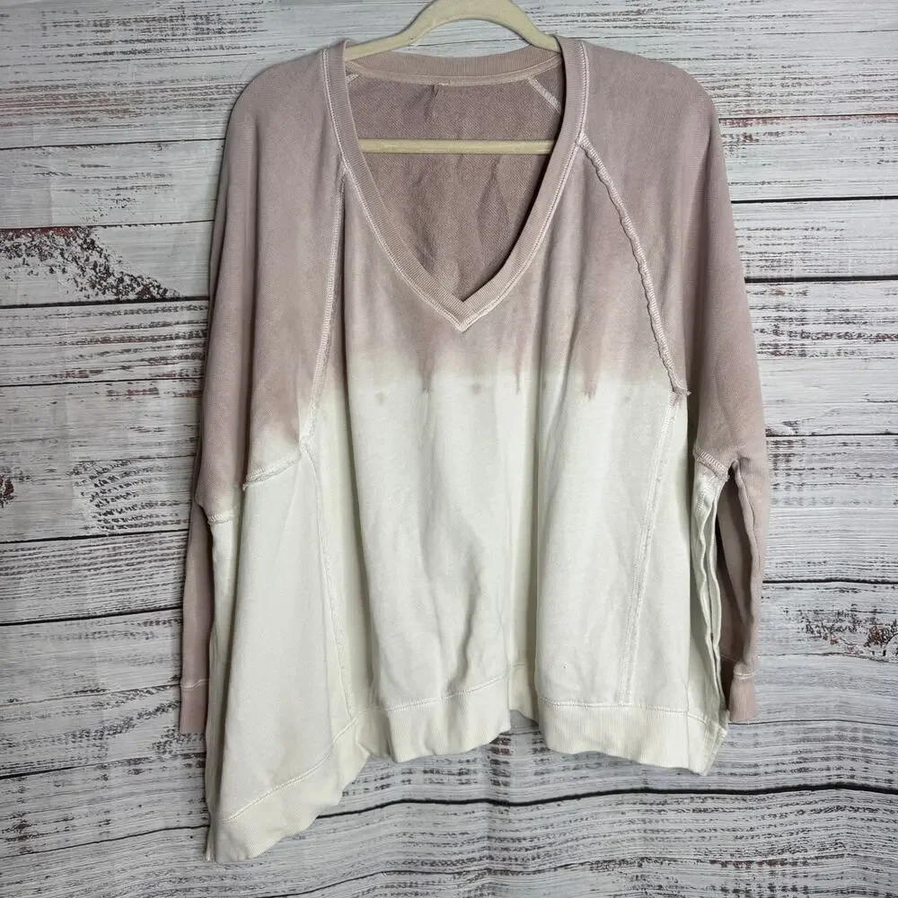 Free People XS Ombre Dip Dye V-Neck Sweatshirt Pullover Casual Oversized